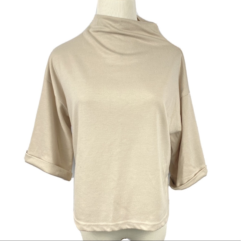 Trendy Mockneck Dolman Sleeves Gray Beige Top - Picture 10 of 10